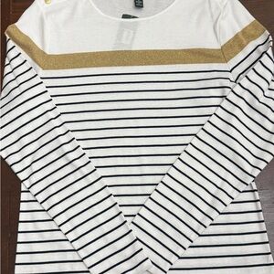 Ralph Lauren White Black Striped Long Sleeve Shirt with Gold Accent